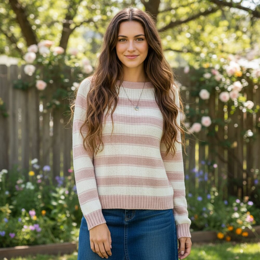Loft M Women's Pink Cream Striped Sweater Cottage Boho Soft Girl Coquette Cotton